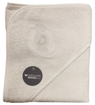 Hvidt badeslag med glad blomst størrelse 75 x 75 cm